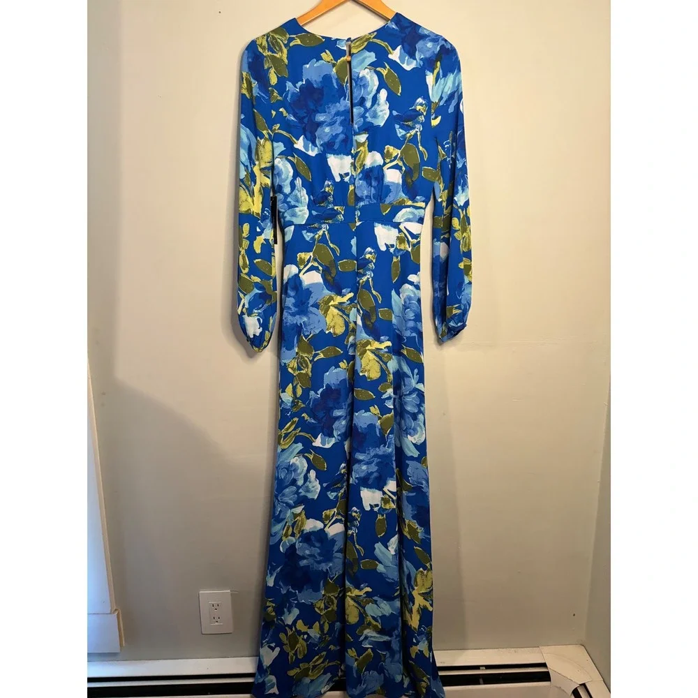 Lulus Blue Floral Maxi Dress Long Sleeve V Neck Front Slit NWT XS - Picture 6 of 6